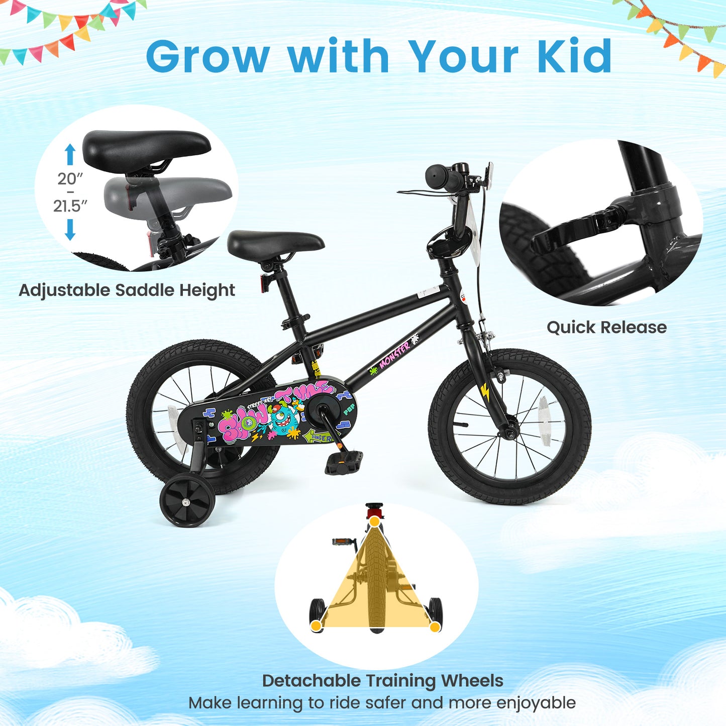 14 Inch Kids Bike with Training Wheels for Ages 3-5 Years Old Black- Street Art Time, Black Kids Bike at Gallery Canada