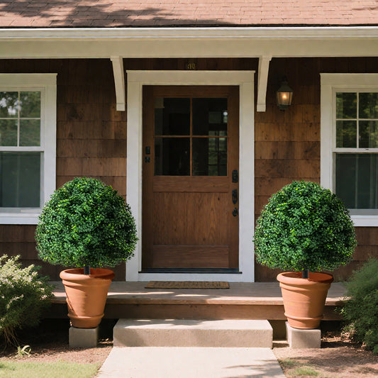 28 Inches Artificial Boxwood Topiary Ball Tree, Set of 2, Green Faux Plants Green at Gallery Canada