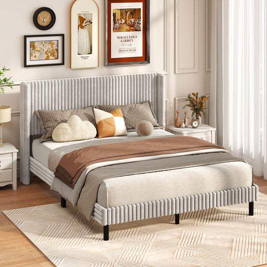 Queen Size Velvet Bed Frame, Vertical Channel Tufted Wingback Headboard, White Simple Bed Frame White at Gallery Canada