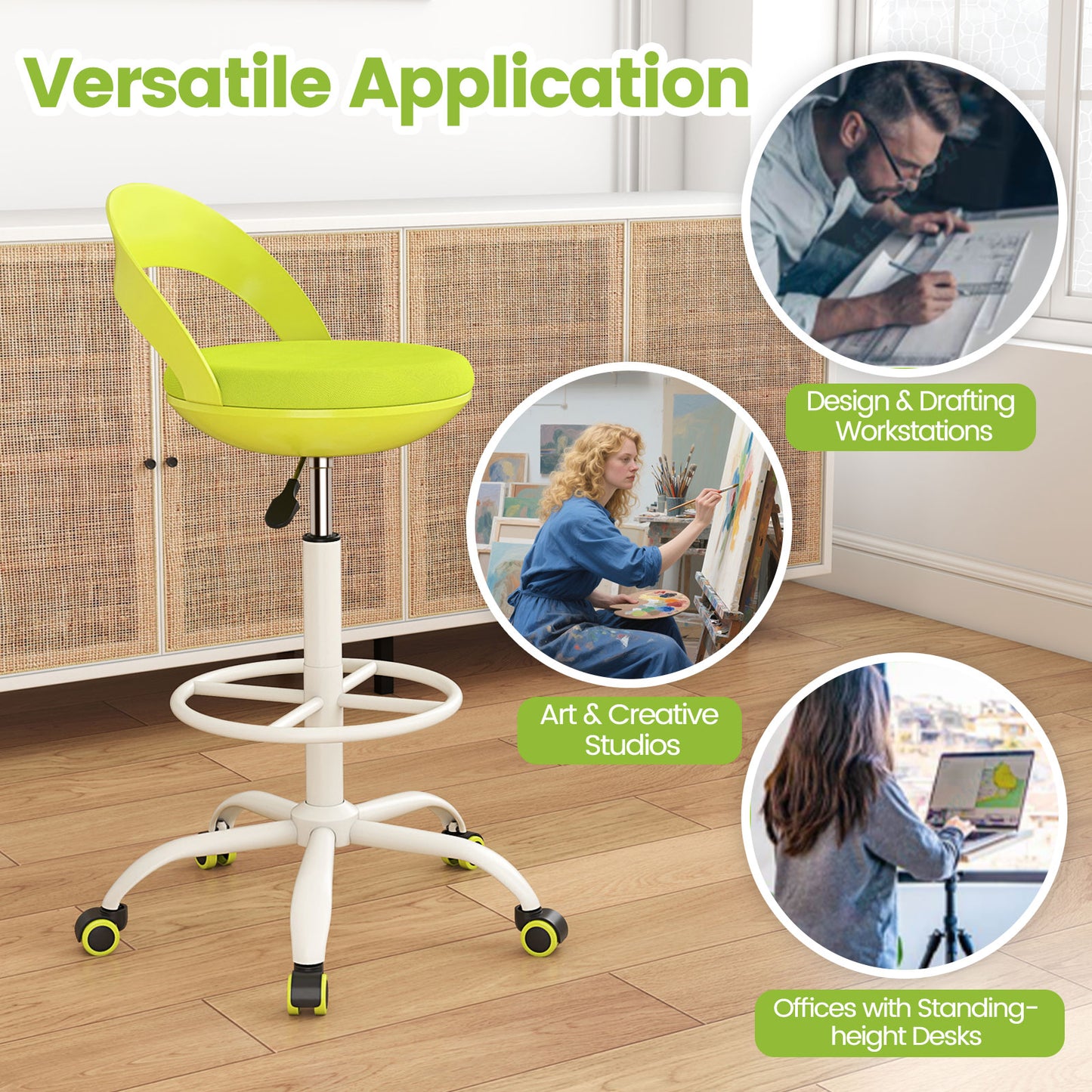 Rolling Tall Drafting Stool With Wheels, Green Armless Chairs at Gallery Canada