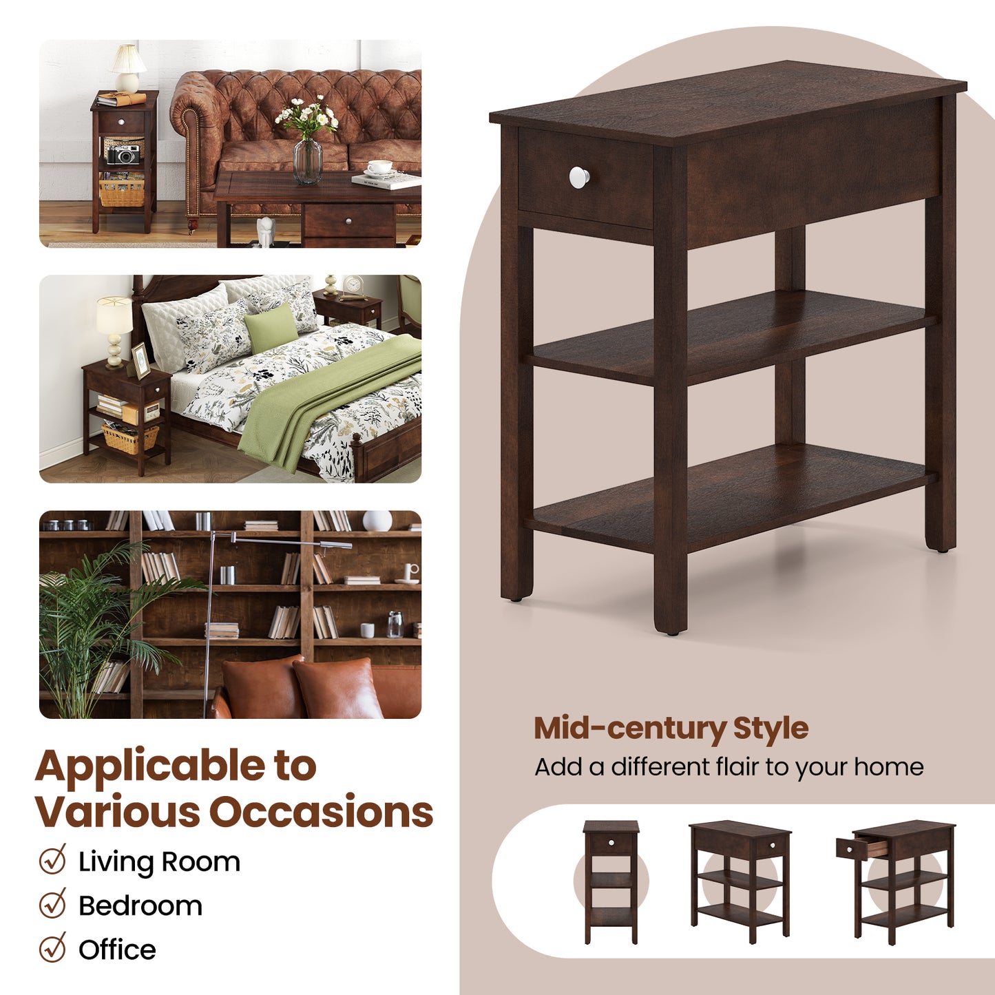 3-Tier Narrow End Table, Walnut, With Drawer And Storage Shelves Living Room at Gallery Canada