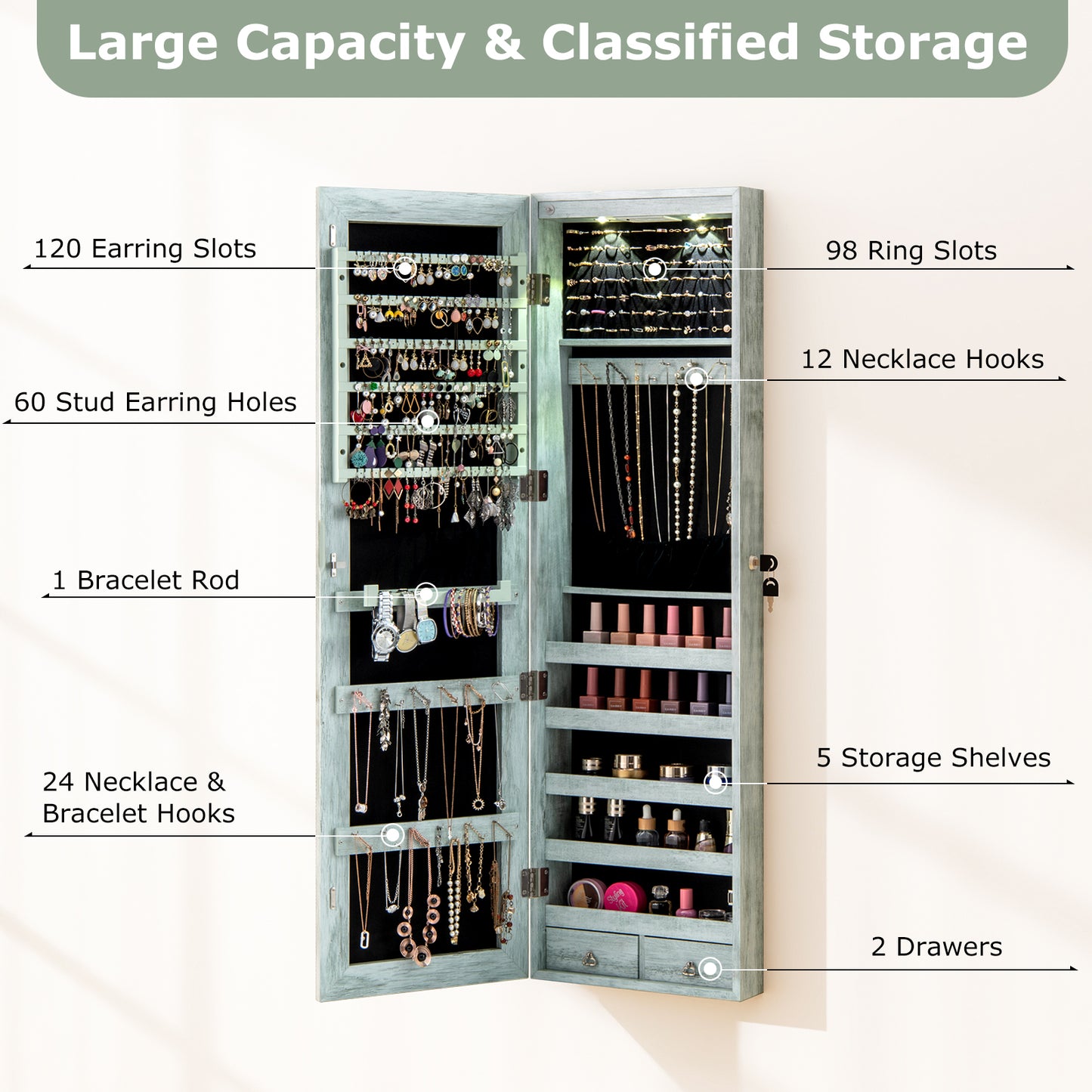 Wall Mounted Jewelry Cabinet With Lights, Navy Jewelry Armoires at Gallery Canada
