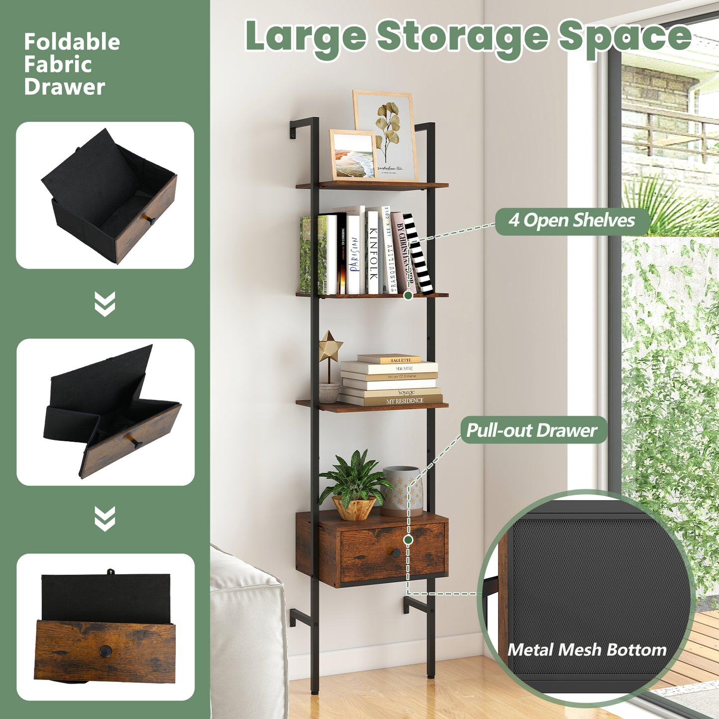 5-Tier Ladder Bookcase With Drawer, Metal Frame, Rustic Brown Bookcases at Gallery Canada