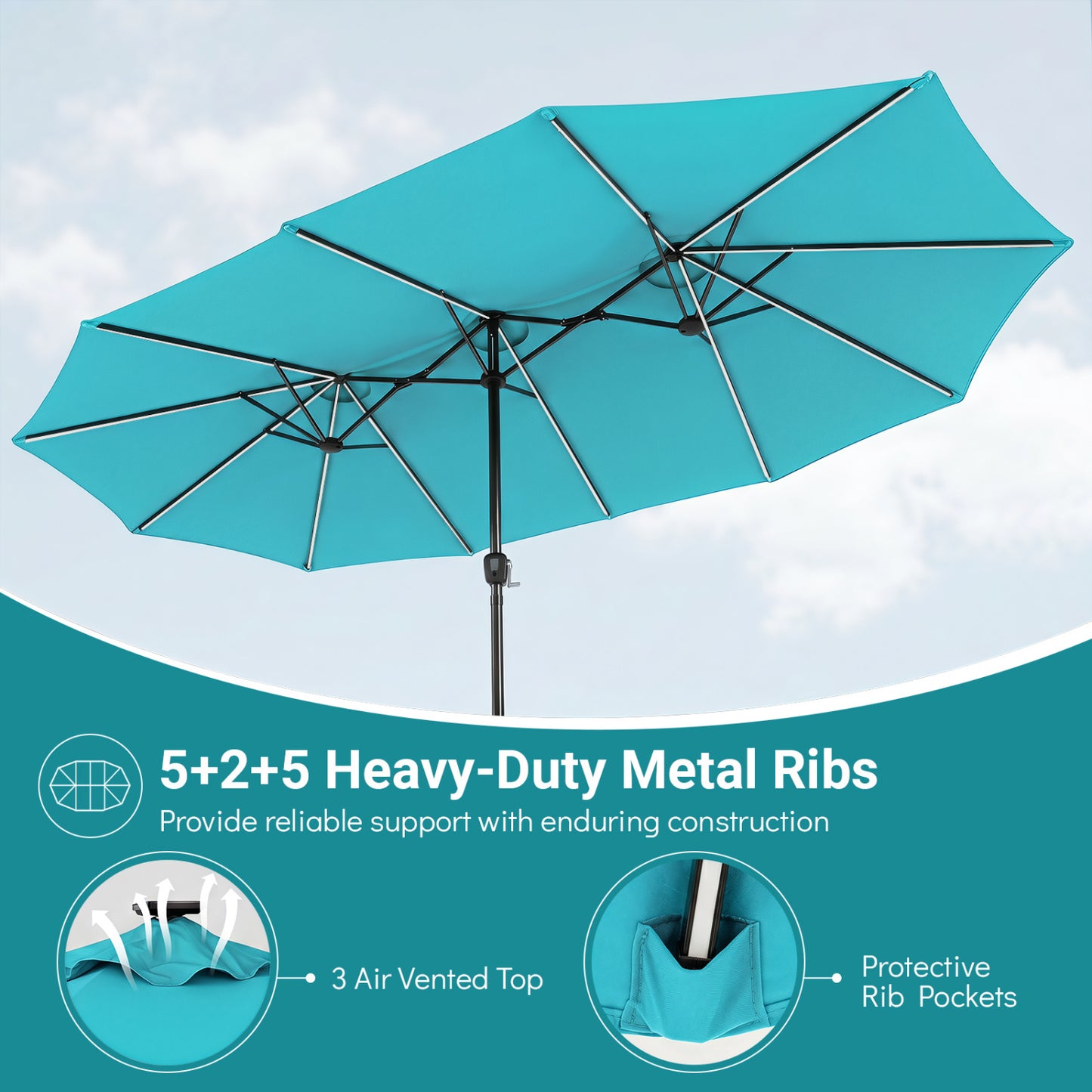 15.5FT Patio Umbrella With Base, 12 Ribs, Turquoise