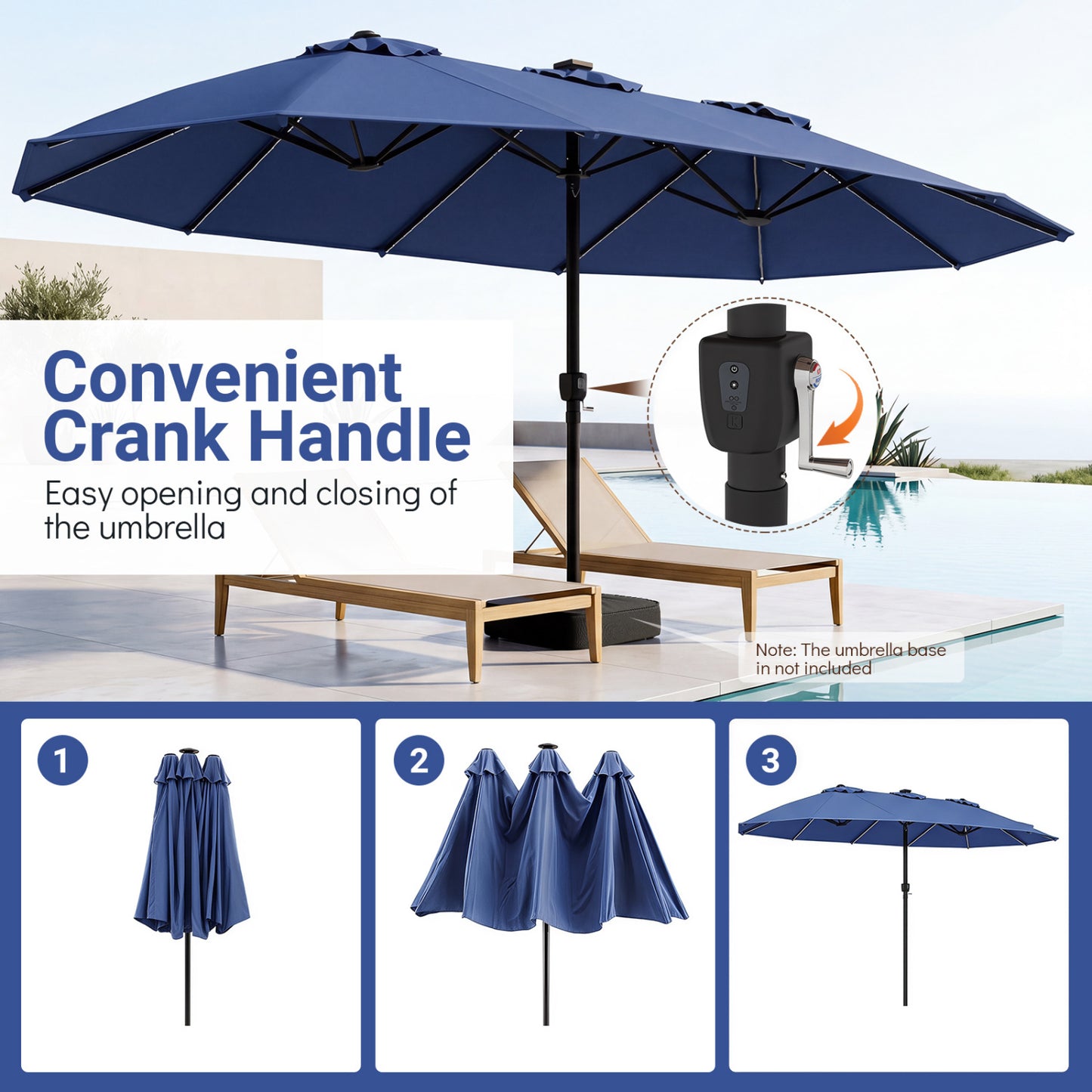 Parapluie de terrasse extra-large à 12 baleines, bleu