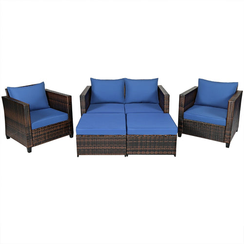 5 Pieces Patio Cushioned Rattan Furniture Set, Navy