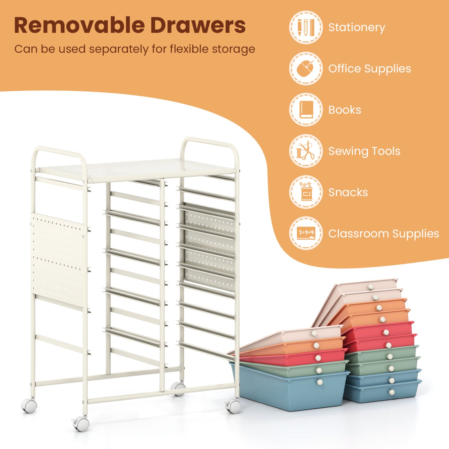 15-Drawer Rolling Storage Cart, Metal Tabletop, Pegboard, Macaron File Cabinets at Gallery Canada