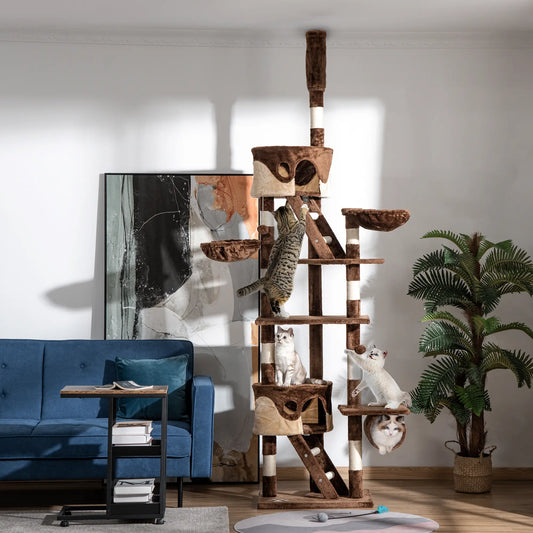 94"-102" Cat Tree, Ceiling High Condo, Scratching Post, Multi-Level Play House Floor to Ceiling Cat Trees Beige and Brown at Gallery Canada