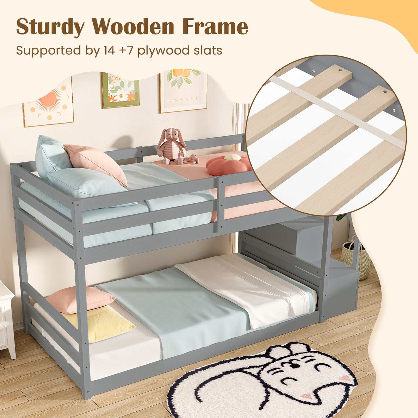 Twin Over Twin Low Bunk Bed with Storage Stairs Solid Wood Floor Bunk Bed Frame, Gray Bunk Bed Frame at Gallery Canada