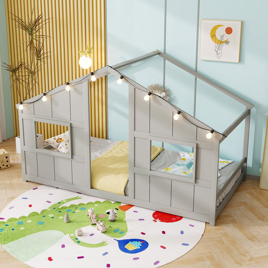 Twin Size House Bed with LED Lights Montessori Slat-free Floor Bed-Grey, Gray Toddler Beds Gray at Gallery Canada