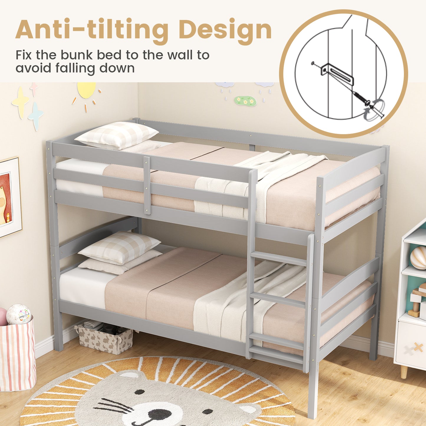 Solid Wood Twin Over Twin Bunk Bed Frame, Gray Bunk Bed Frame at Gallery Canada