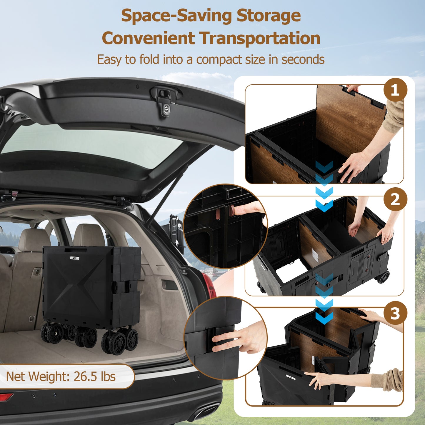 Large Foldable Utility Cart, 2-Tier Storage Crates, Telescoping Handle, Black Camping Furniture at Gallery Canada