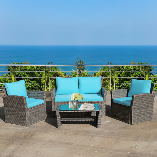 4 Pcs Patio Rattan Furniture Set Sofa Table with Storage Shelf Cushion, Turquoise Patio Conversation Sets Turquoise at Gallery Canada