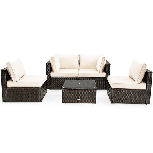 5 Pieces Cushioned Patio Rattan Furniture Set with Glass Table, White at Gallery Canada