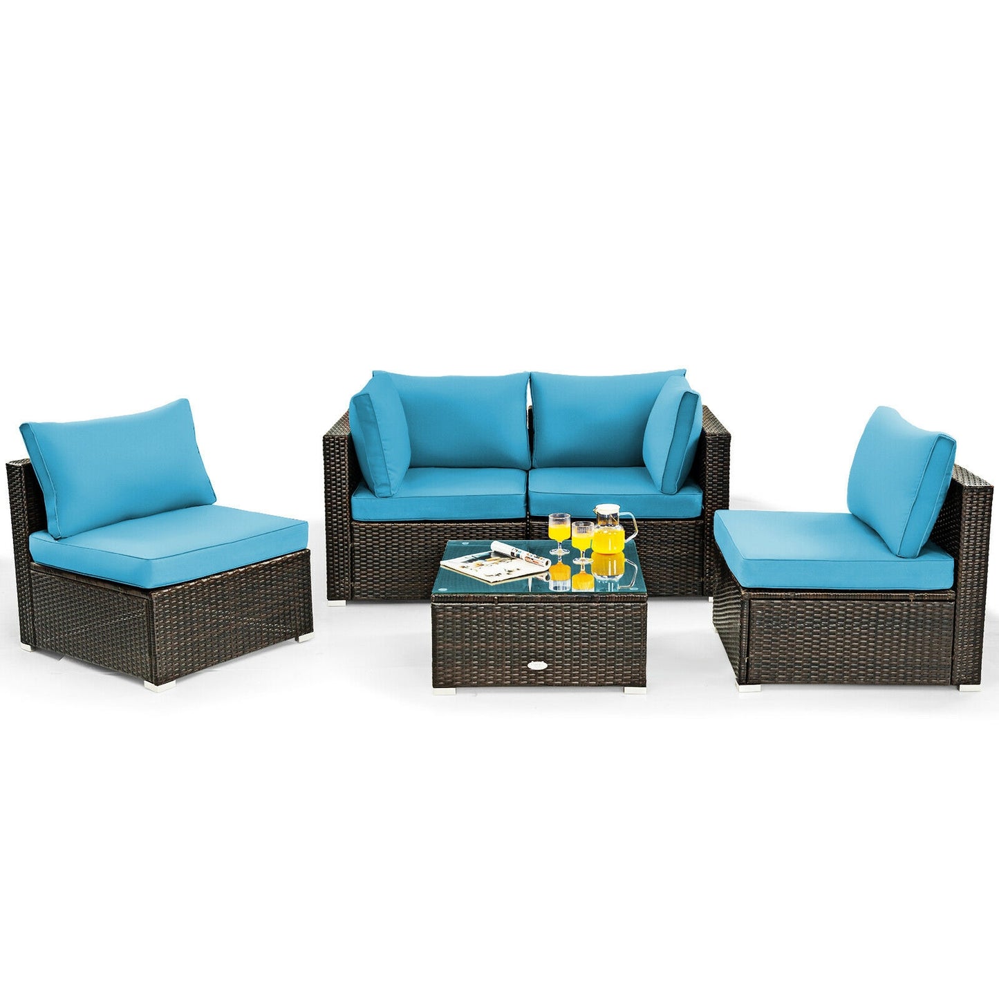 5 Piece Patio Rattan Furniture Set, Glass Table, Turquoise