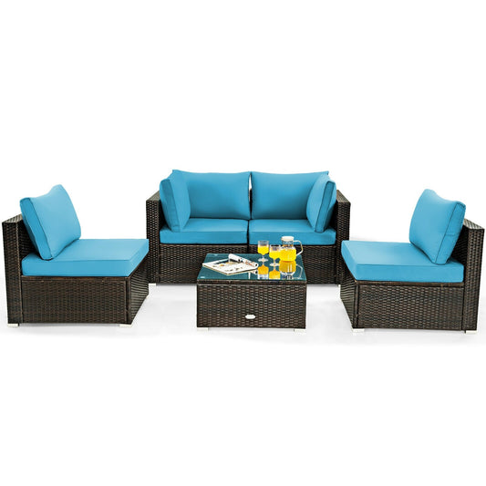 5 Pieces Cushioned Patio Rattan Furniture Set with Glass Table, Turquoise at Gallery Canada