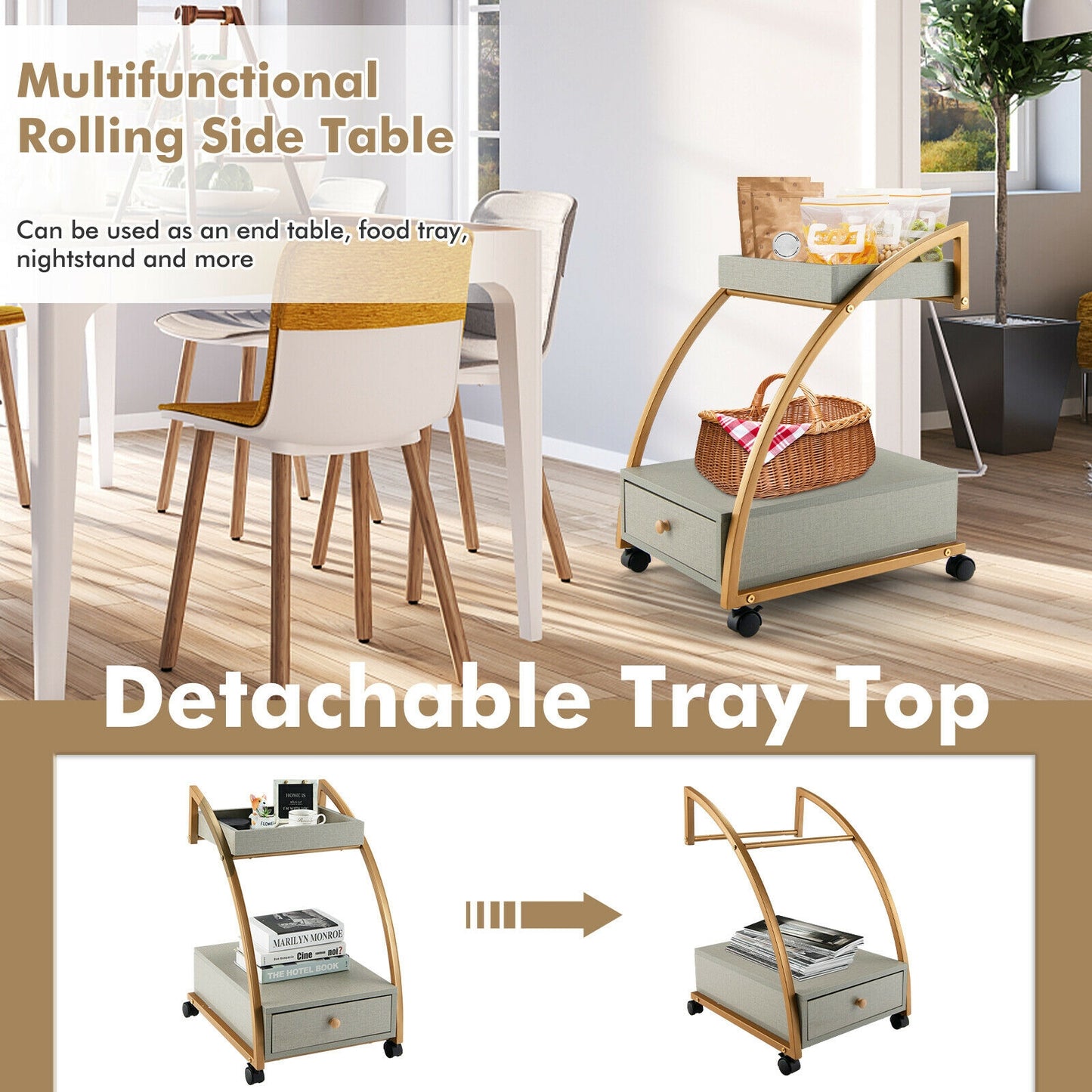 Modern Tray Top Rolling End Table, 4 Casters, Storage Drawer, Gray Kitchen Islands & Carts at Gallery Canada