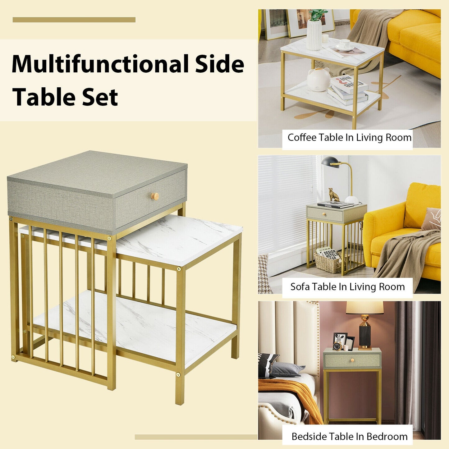 2 Pieces Modern Nesting Coffee Table Set with Drawer and Shelf, White Coffee Tables at Gallery Canada