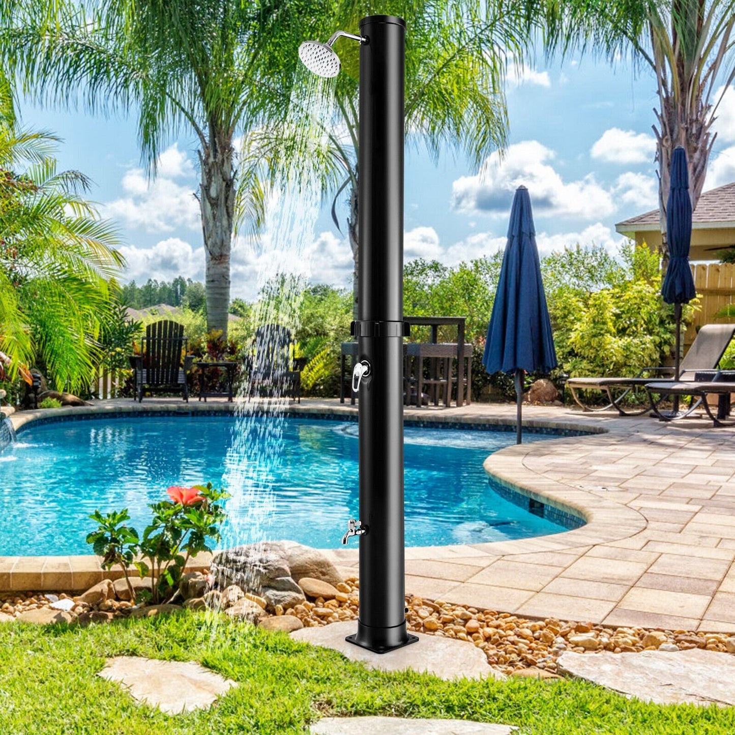 7.2 Feet Solar-Heated Outdoor Shower with Free-Rotating Shower Head, Black