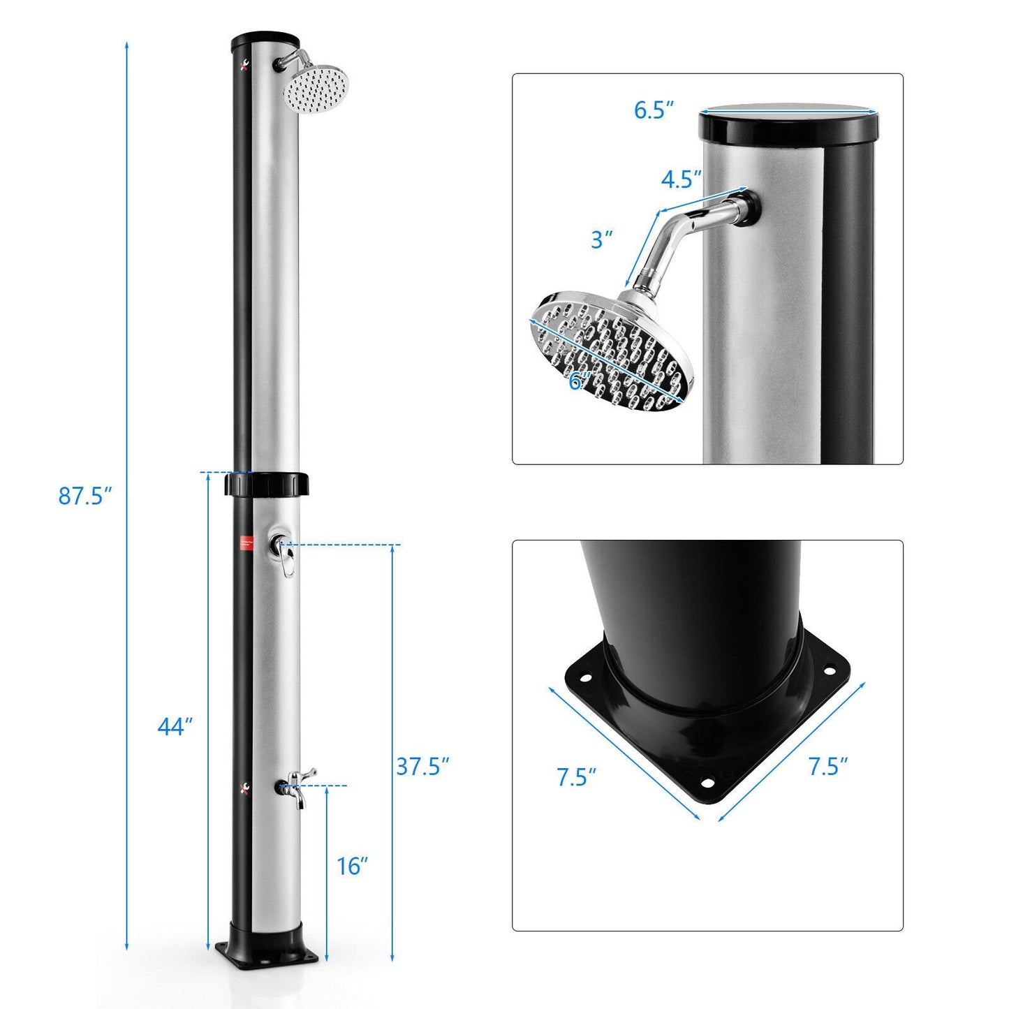 7.2 Feet Solar-Heated Outdoor Shower with Free-Rotating Shower Head, Silver