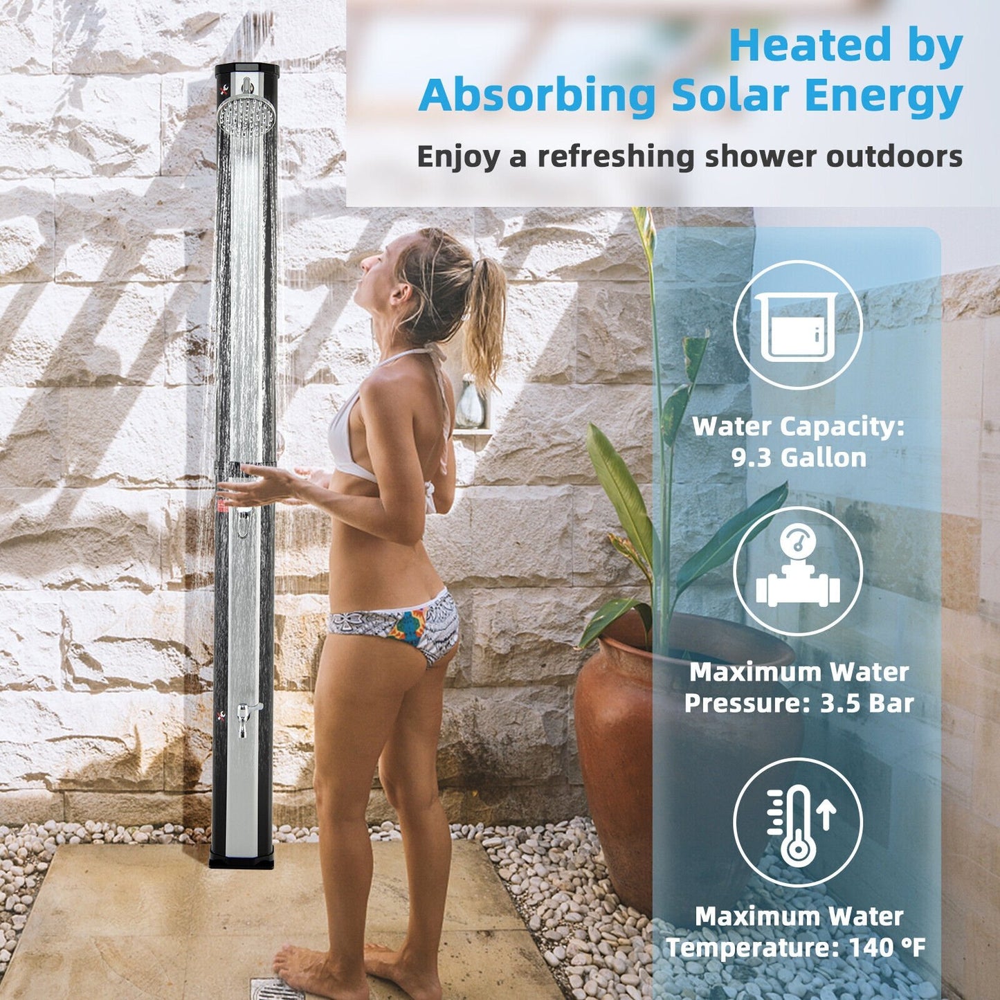 7.2 Feet 9.3 Gallon Solar Heated Shower with Adjustable Head and Foot Tap, Black