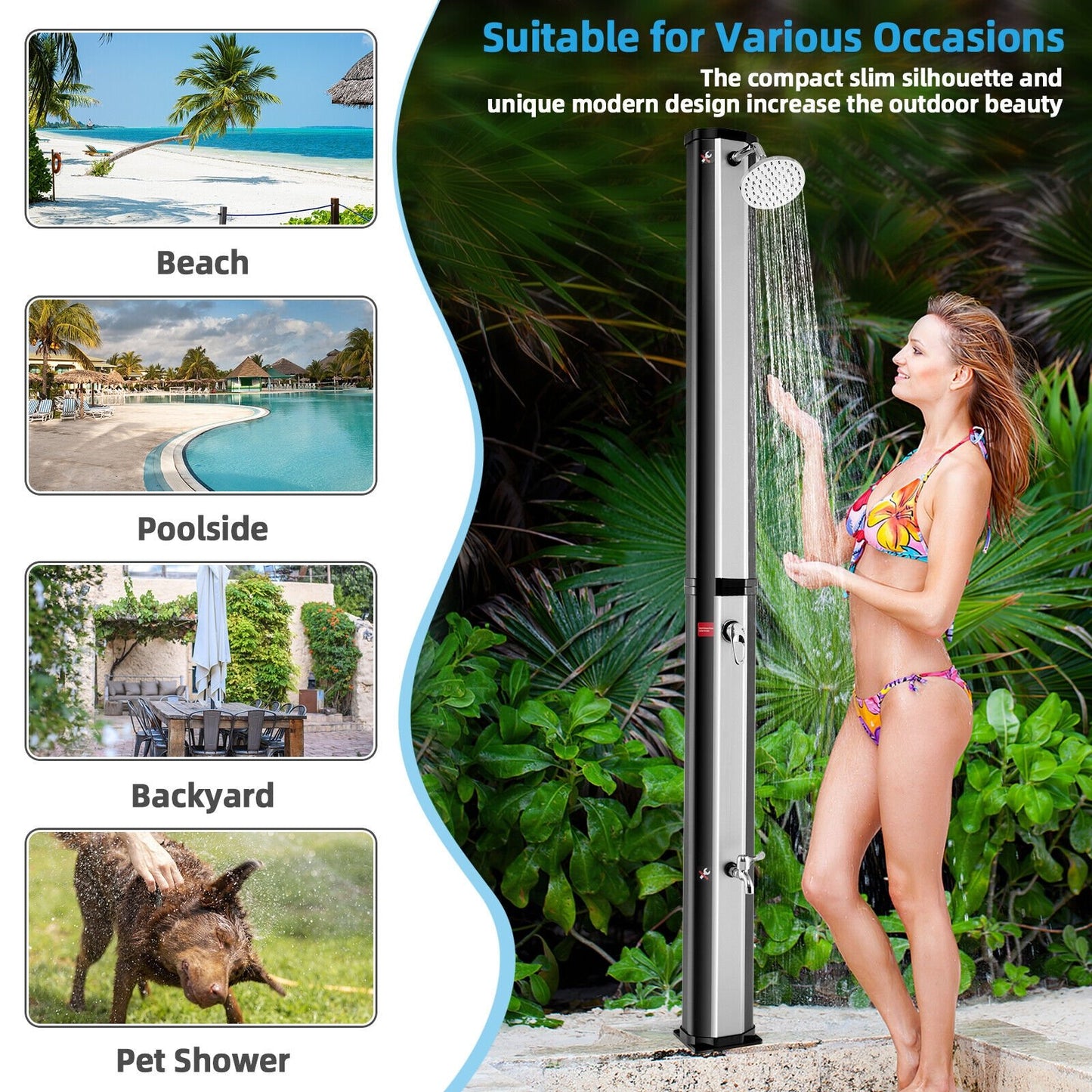 7.2 Feet 9.3 Gallon Solar Heated Shower with Adjustable Head and Foot Tap, Black