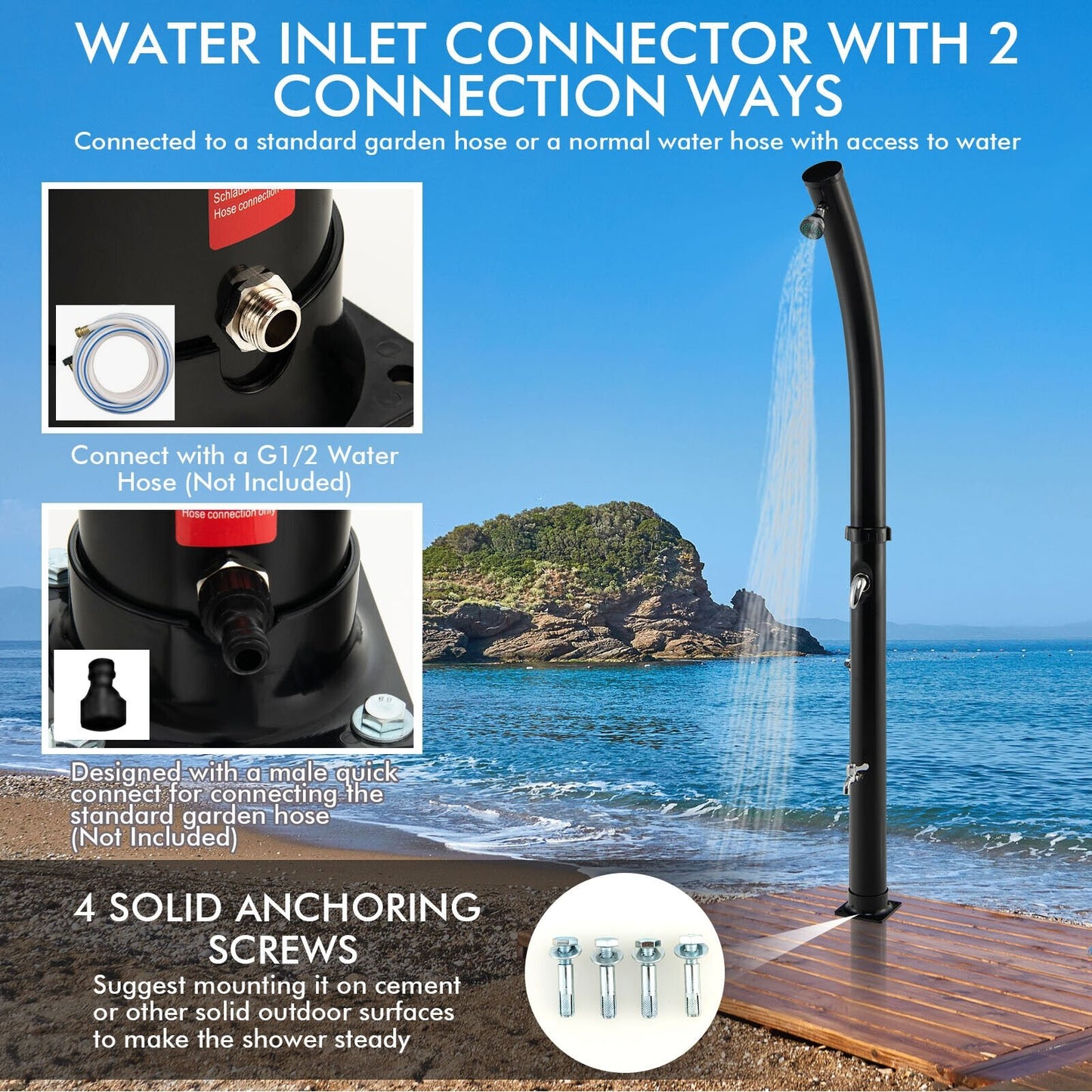 7.2 Feet Solar-Heated Shower with 360° Rotating Shower Head, Black