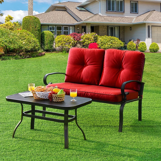 Patio Loveseat Bench Table Set, Cushioned Chair, Red Patio Conversation Sets Red at Gallery Canada