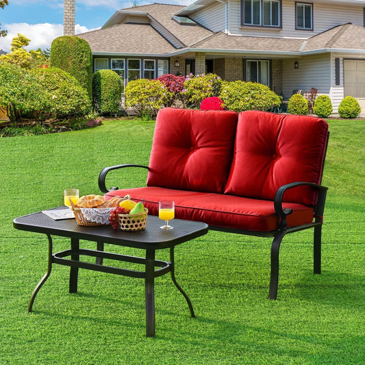 Patio Loveseat Bench Table Set, Cushioned Chair, Red Patio Conversation Sets Red at Gallery Canada