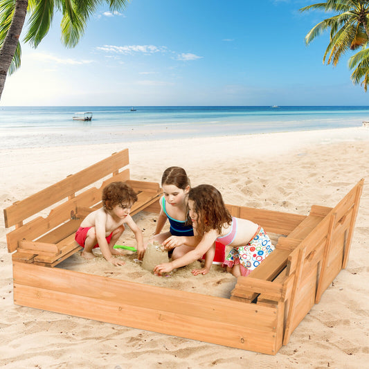 Kids Wooden Sandbox With 2 Foldable Bench Seats, Brown Sandboxes Brown at Gallery Canada