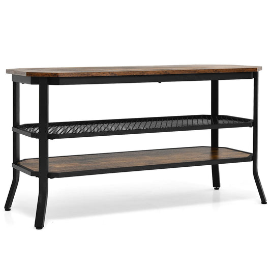 3-tier Console Table TV Stand with Mesh Storage Shelf, Rustic Brown