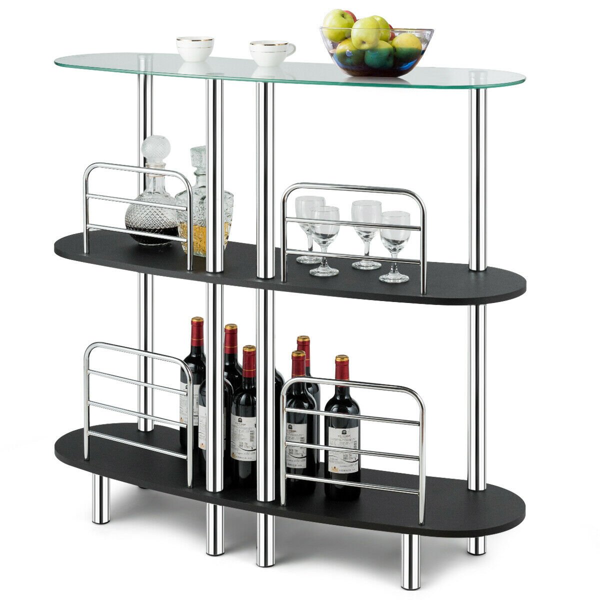 3-tier Bar Cabinets Table with Tempered Glass Top, Black