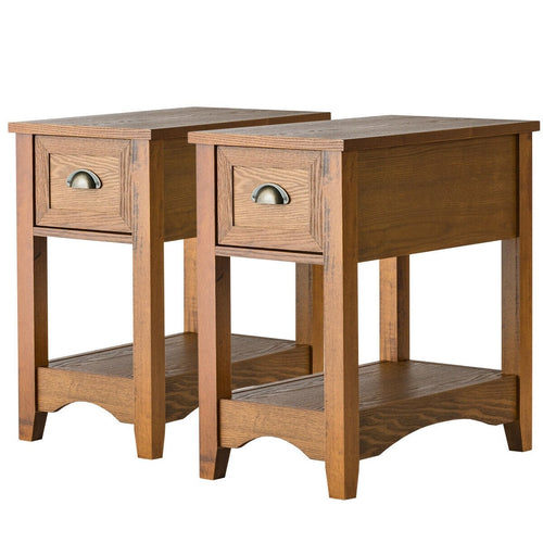 Set of 2 Contemporary Side End Table with Drawer, Natural