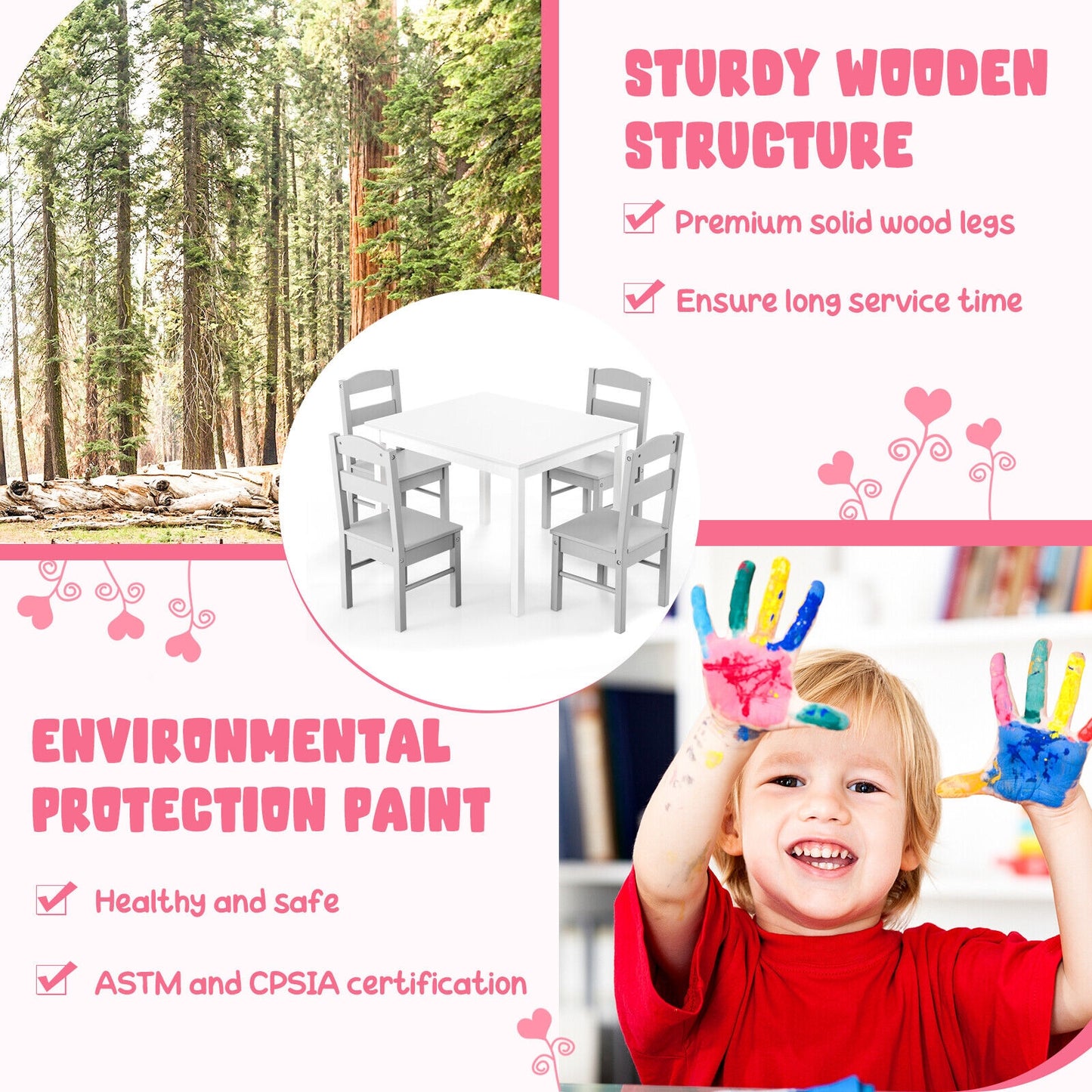 Kids 5 Piece Table And Chair Set, Wooden Activity Playroom Furniture, White Kids Table & Chair Sets at Gallery Canada