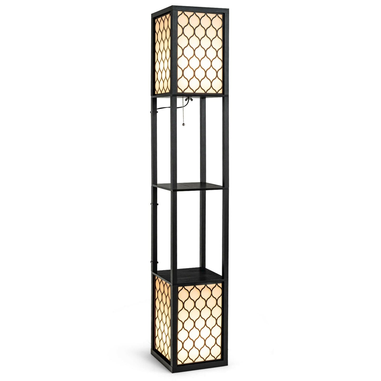 Modern Shelf Freestanding Floor Lamp with Double Lamp Pull Chain and Foot Switch, Black