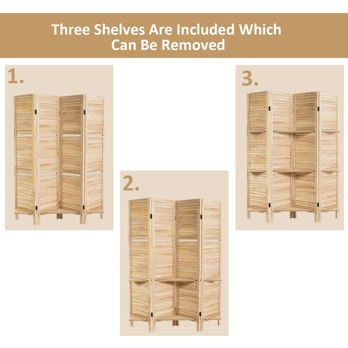 4 Panel Folding Room Divider Screen with 3 Display Shelves, Brown Room Dividers at Gallery Canada