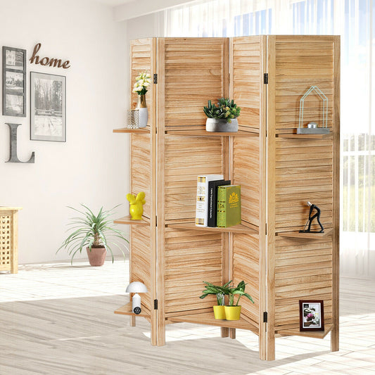 4 Panel Folding Room Divider Screen with 3 Display Shelves, Brown Room Dividers Brown at Gallery Canada