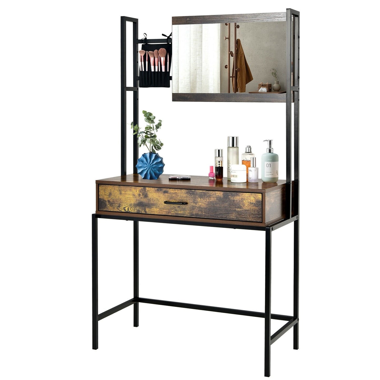 Industrial Vanity Table with 3-Height Adjustable Mirror Bag, Brown at Gallery Canada