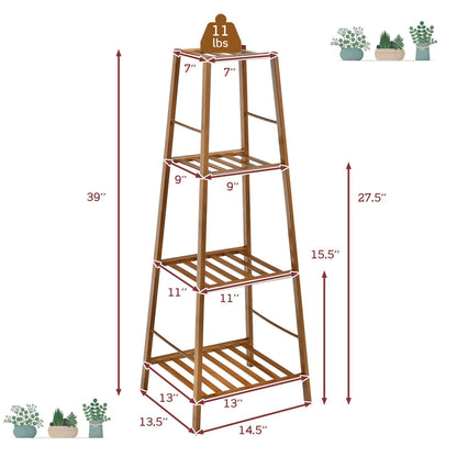 4-Potted Bamboo Tall Plant Holder Stand, Brown