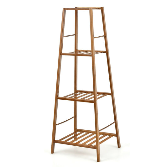 4-Potted Bamboo Tall Plant Holder Stand, Brown