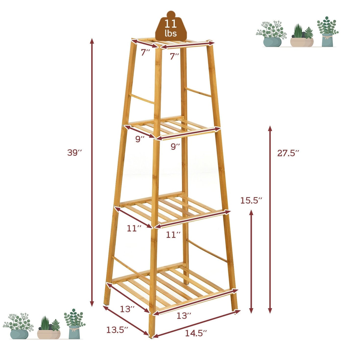 4-Potted Bamboo Tall Plant Holder Stand, Natural