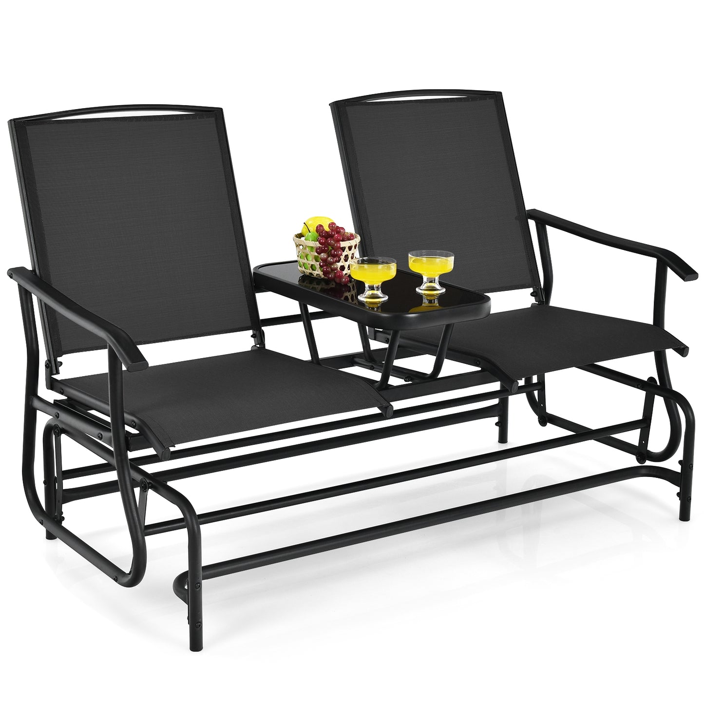 2-Person Double Rocking Loveseat with Mesh Fabric and Center Tempered Glass Table, Black Patio Conversation Sets at Gallery Canada
