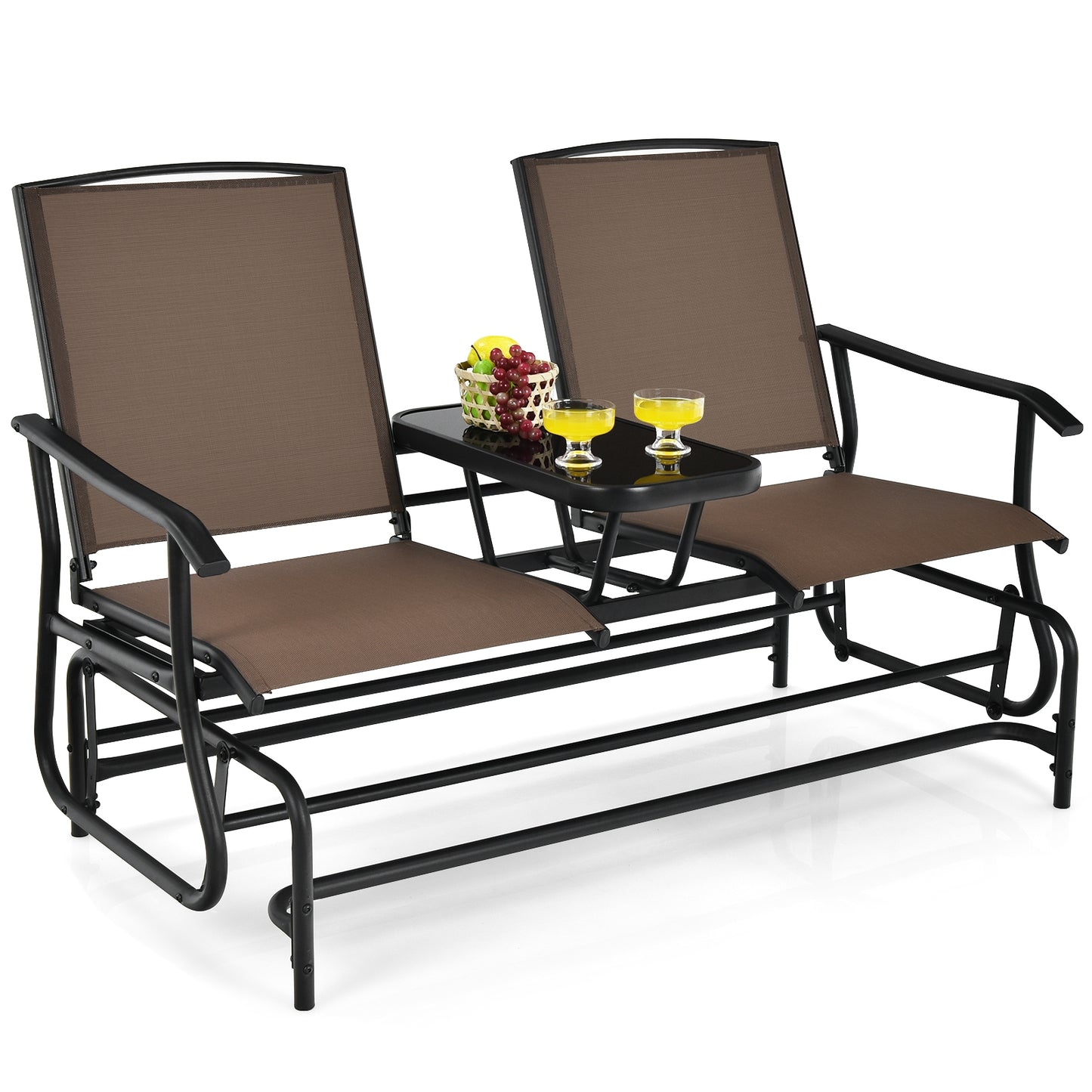 2-Person Double Rocking Loveseat with Mesh Fabric and Center Tempered Glass Table, Brown Patio Conversation Sets at Gallery Canada