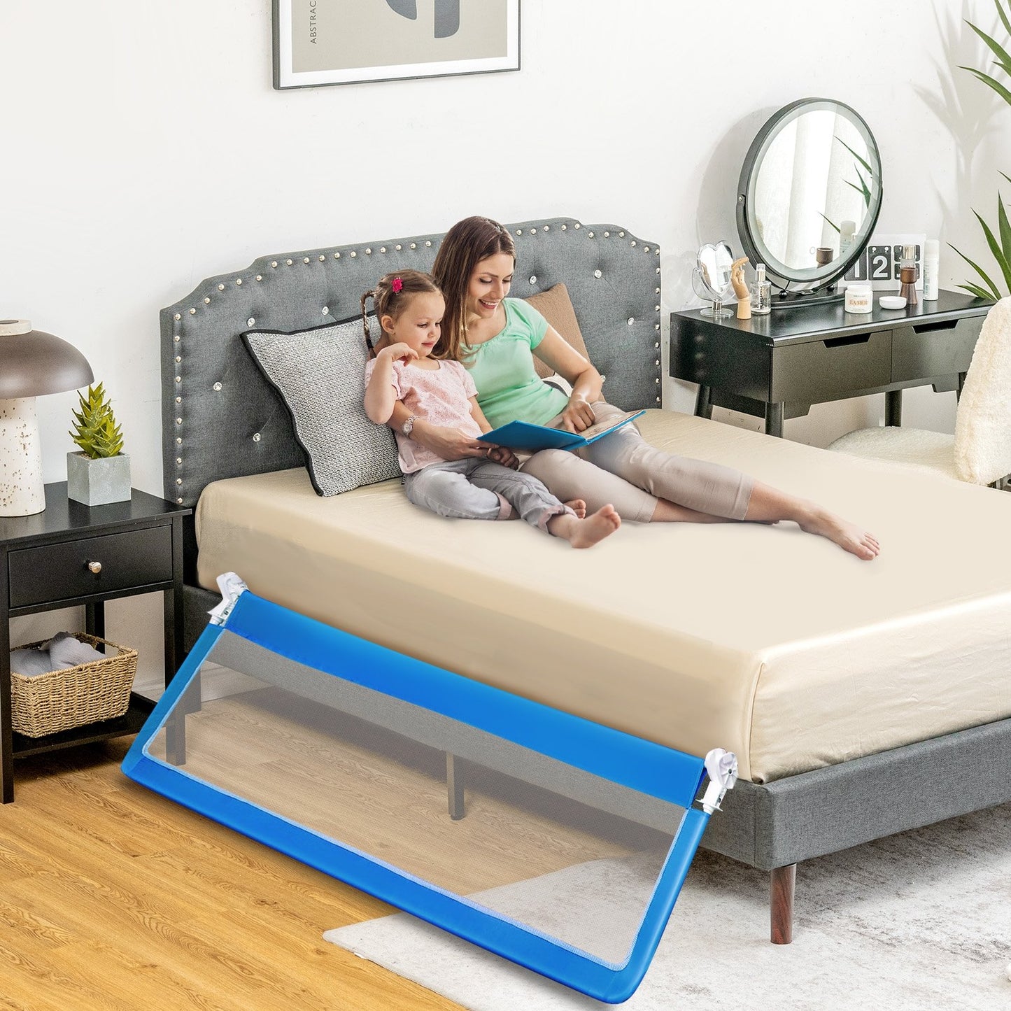 71 Inch Extra Long Swing Down Bed Guardrail with Safety Straps, Blue at Gallery Canada