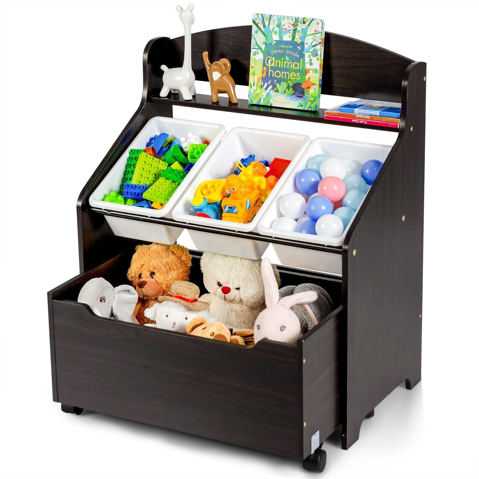 Kids Wooden Toy Storage Unit Organizer with Rolling Toy Box and Plastic Bins, Dark Brown at Gallery Canada