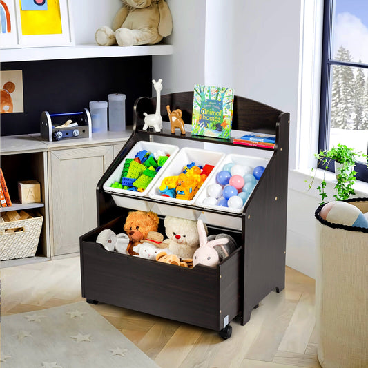 Kids Wooden Toy Storage Organizer, Rolling Toy Box, Plastic Bins, Dark Brown Kids Storage Dark Brown at Gallery Canada