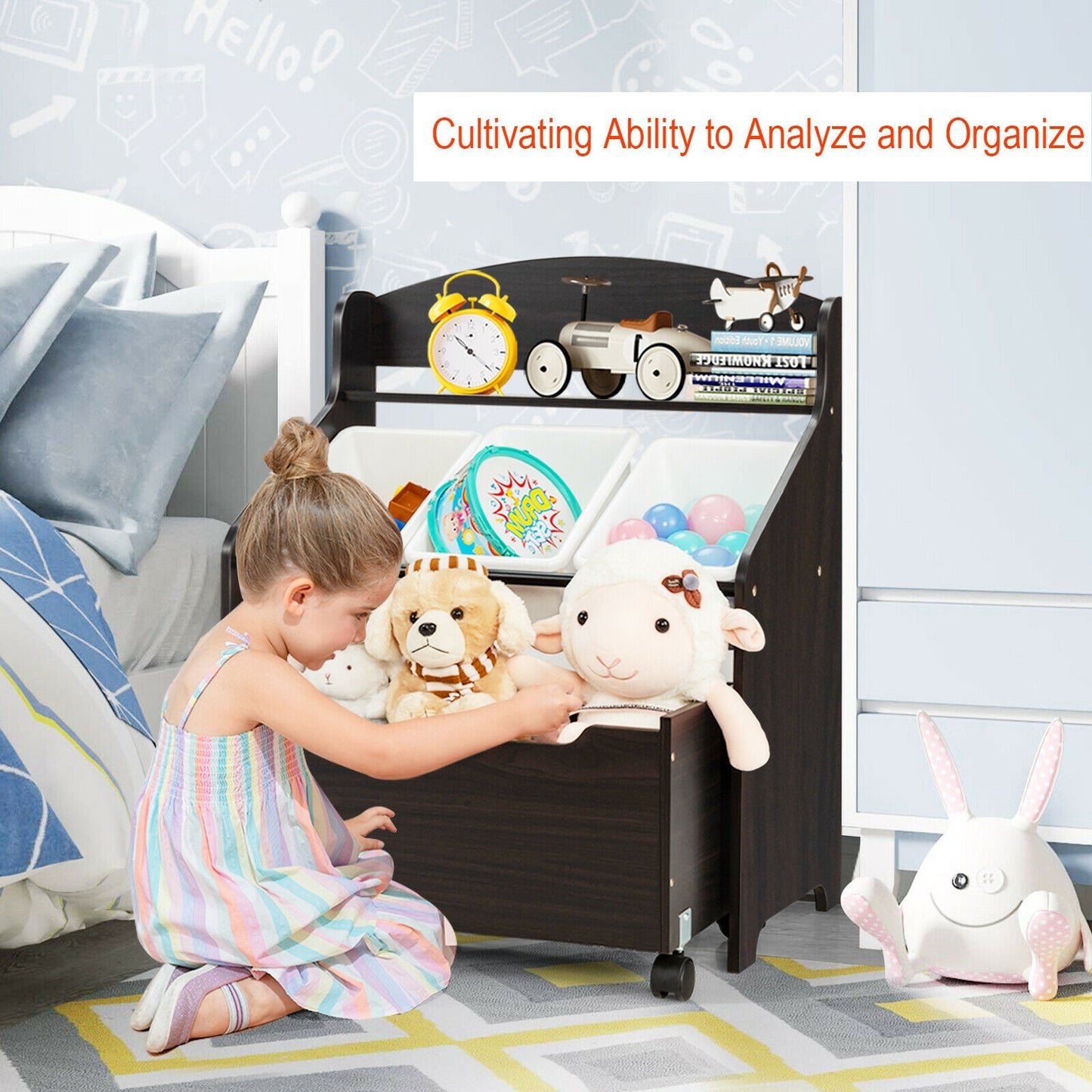 Kids Wooden Toy Storage Organizer, Rolling Toy Box, Plastic Bins, Dark Brown Kids Storage at Gallery Canada