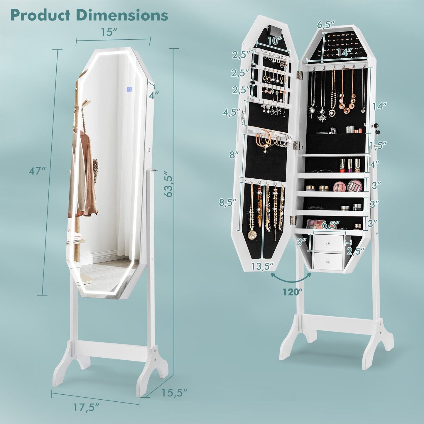 Standing Jewelry Cabinet Armoire Organizer LED Light Mirror Lockable, White