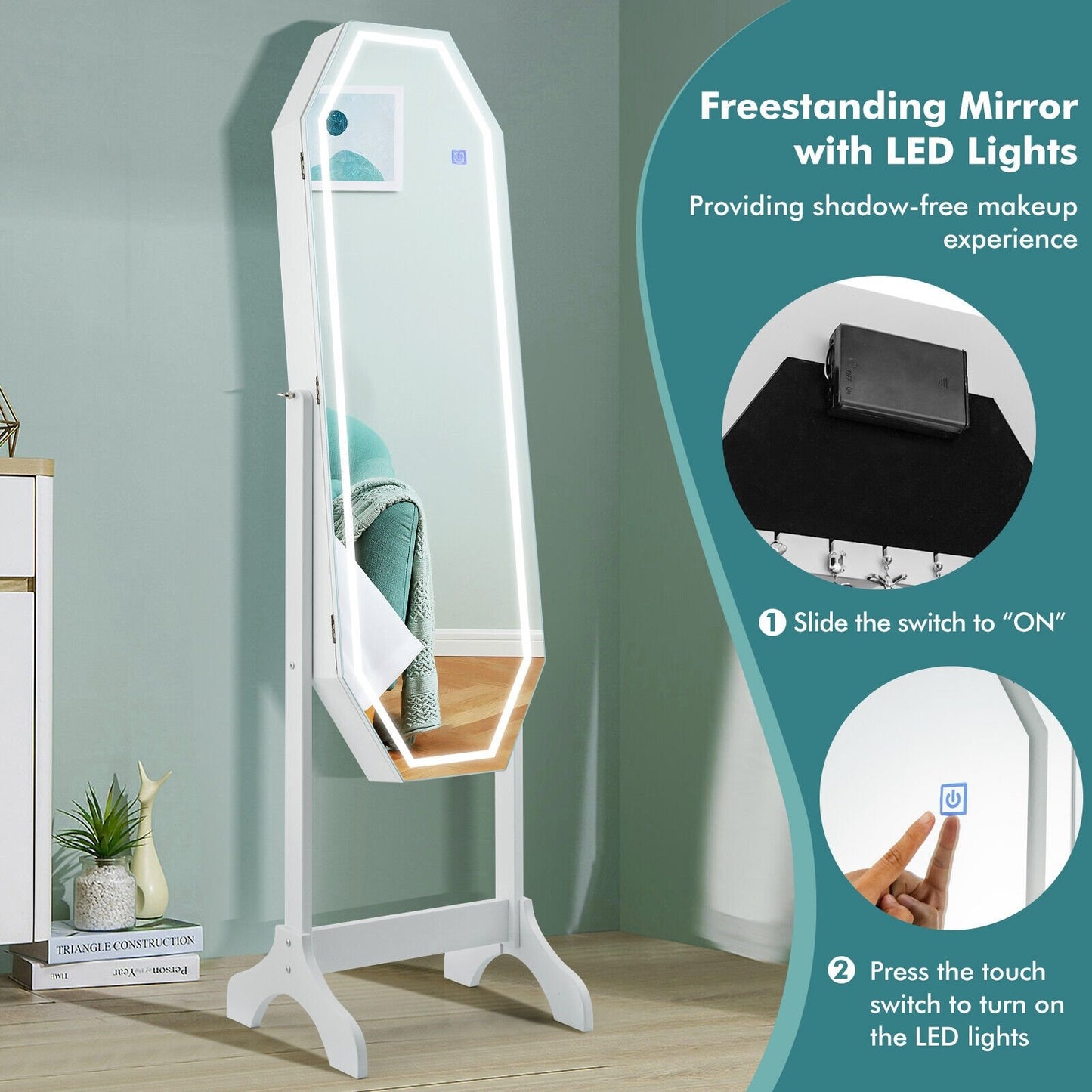 Standing Jewelry Cabinet Armoire Organizer LED Light Mirror Lockable, White