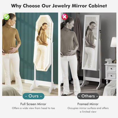 Standing Jewelry Cabinet Armoire Organizer LED Light Mirror Lockable, White at Gallery Canada